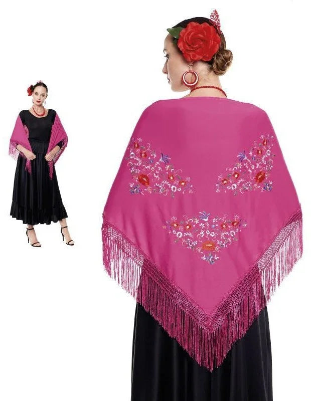 Mantón de Sevillana o Chulapa Rosa Fucsia con Bordado Sevillanas Partilandia